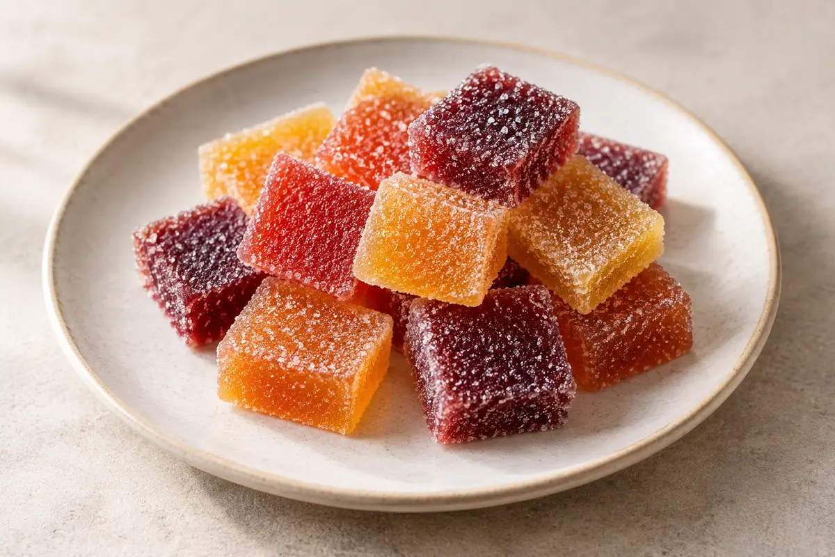 Pâte de fruits sur un fond de lin clair.
