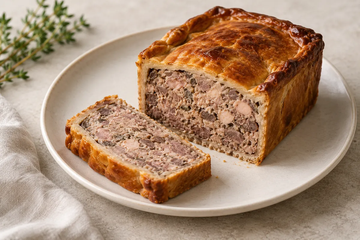 Pâté de gibier sur un fond de lin clair.