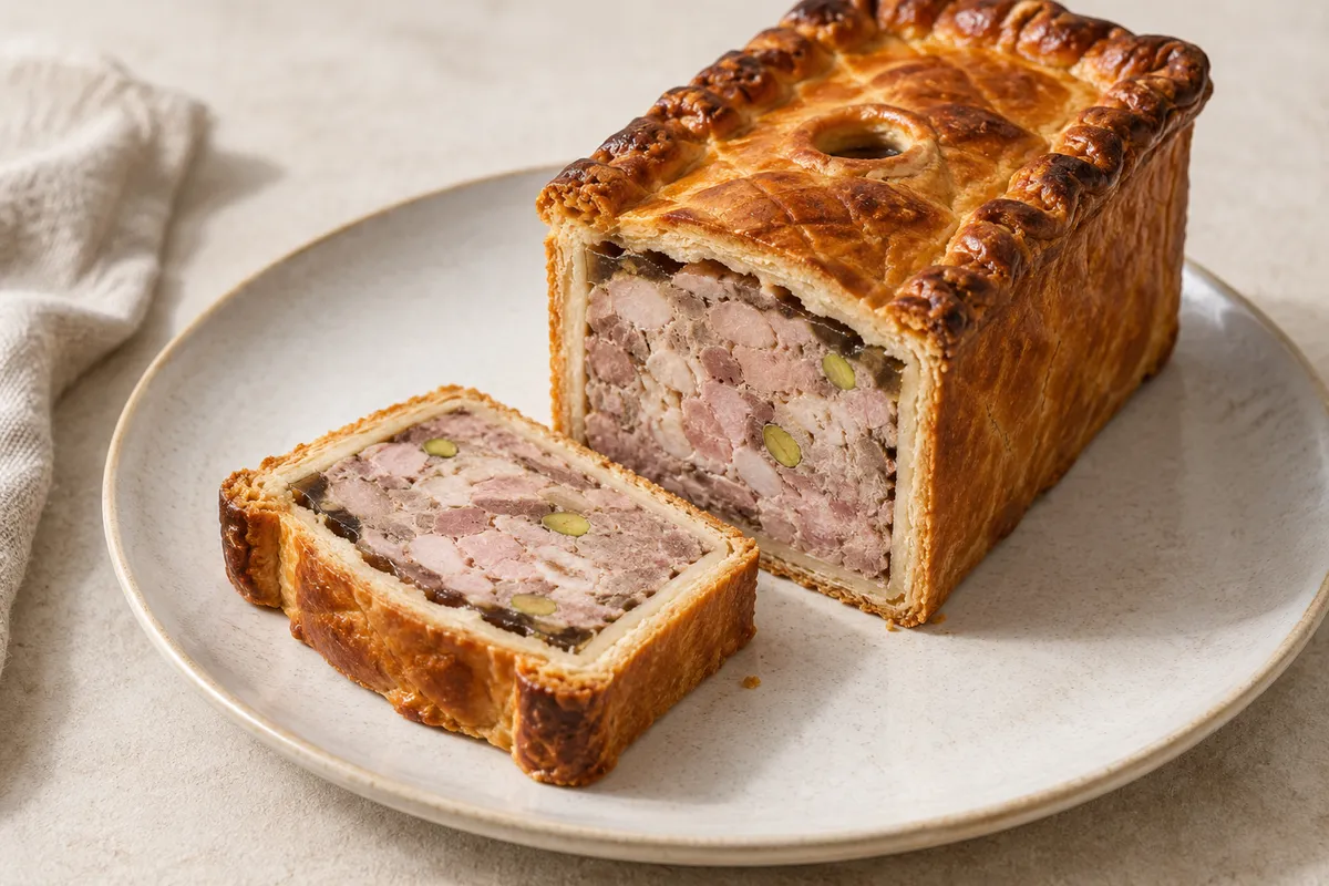 Pâté en croûte sur un fond de lin clair.