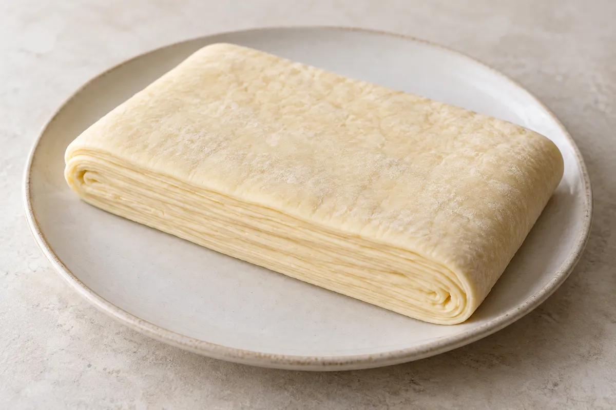 Pâte feuilletée sur un fond de lin clair.