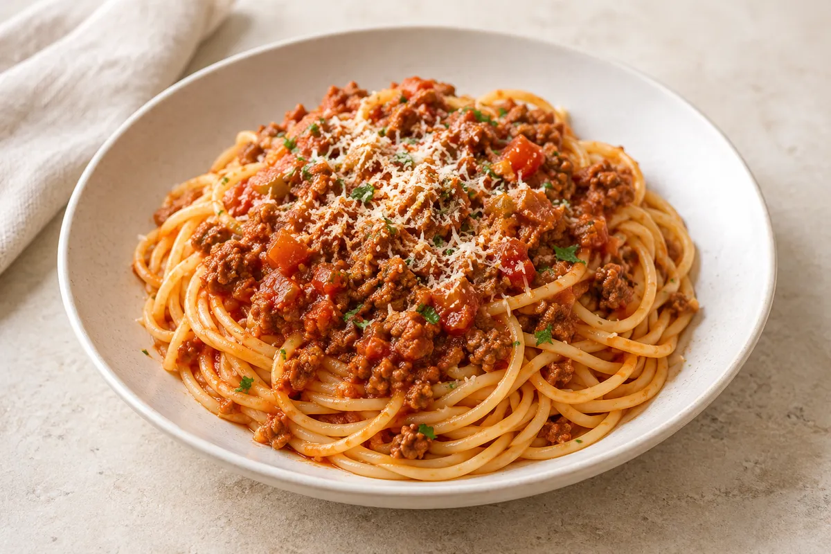 Pâtes à la bolognaise sur un fond de lin clair.