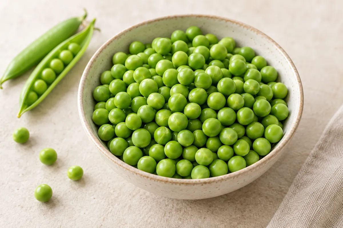 Petit pois sur un fond de lin clair.