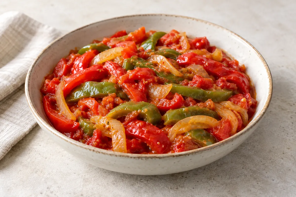 Piperade sur un fond de lin clair.