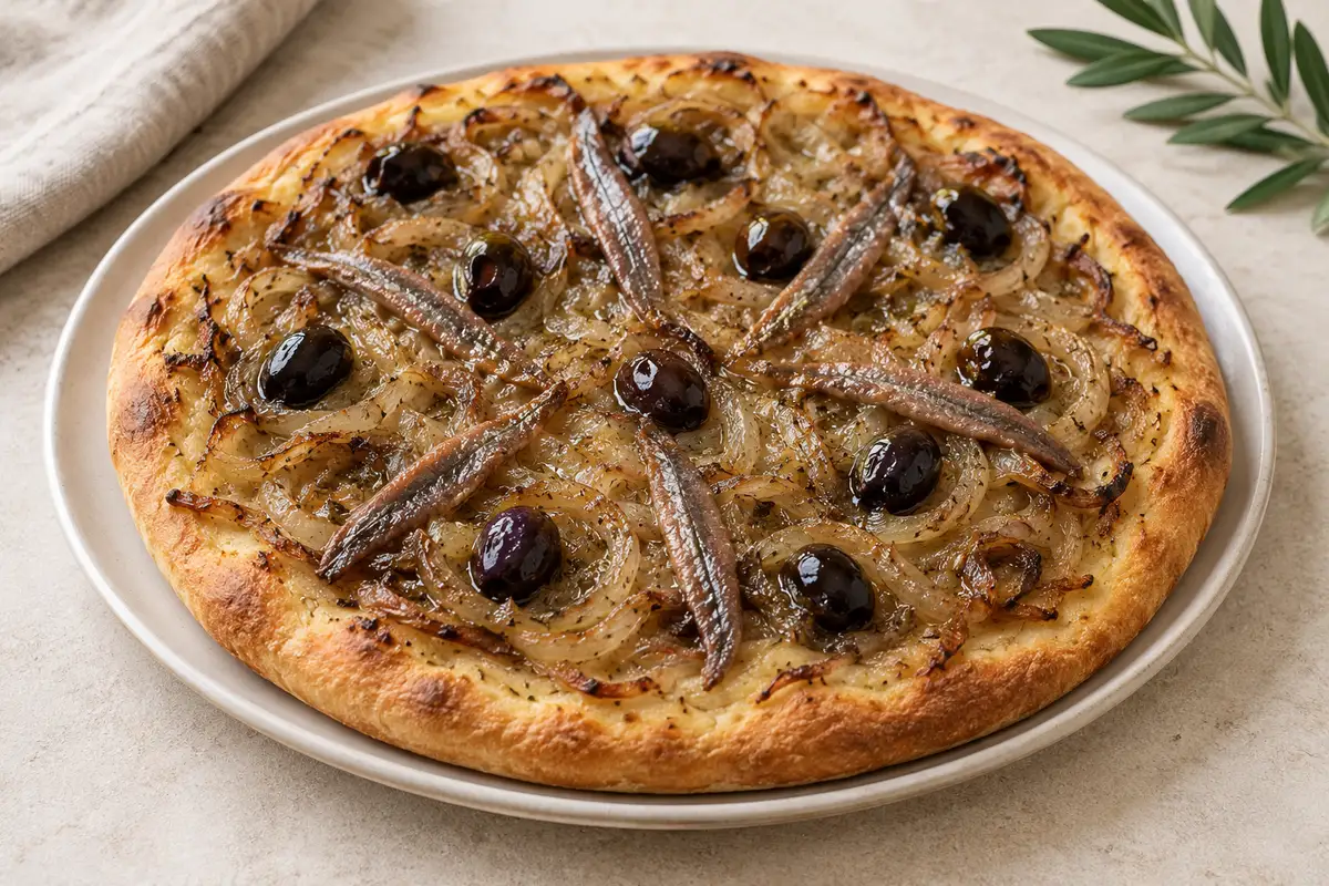 Pissaladière sur un fond de lin clair.
