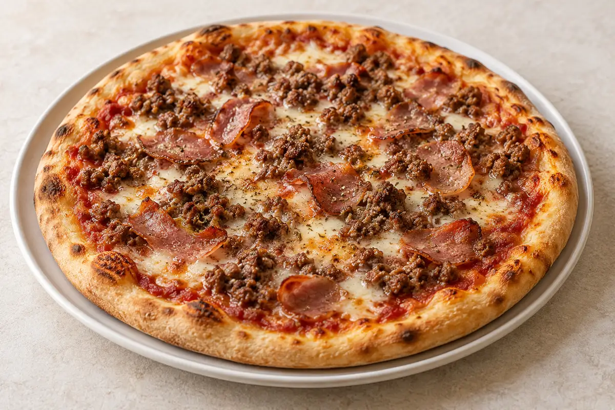 Pizza à la viande sur un fond de lin clair.
