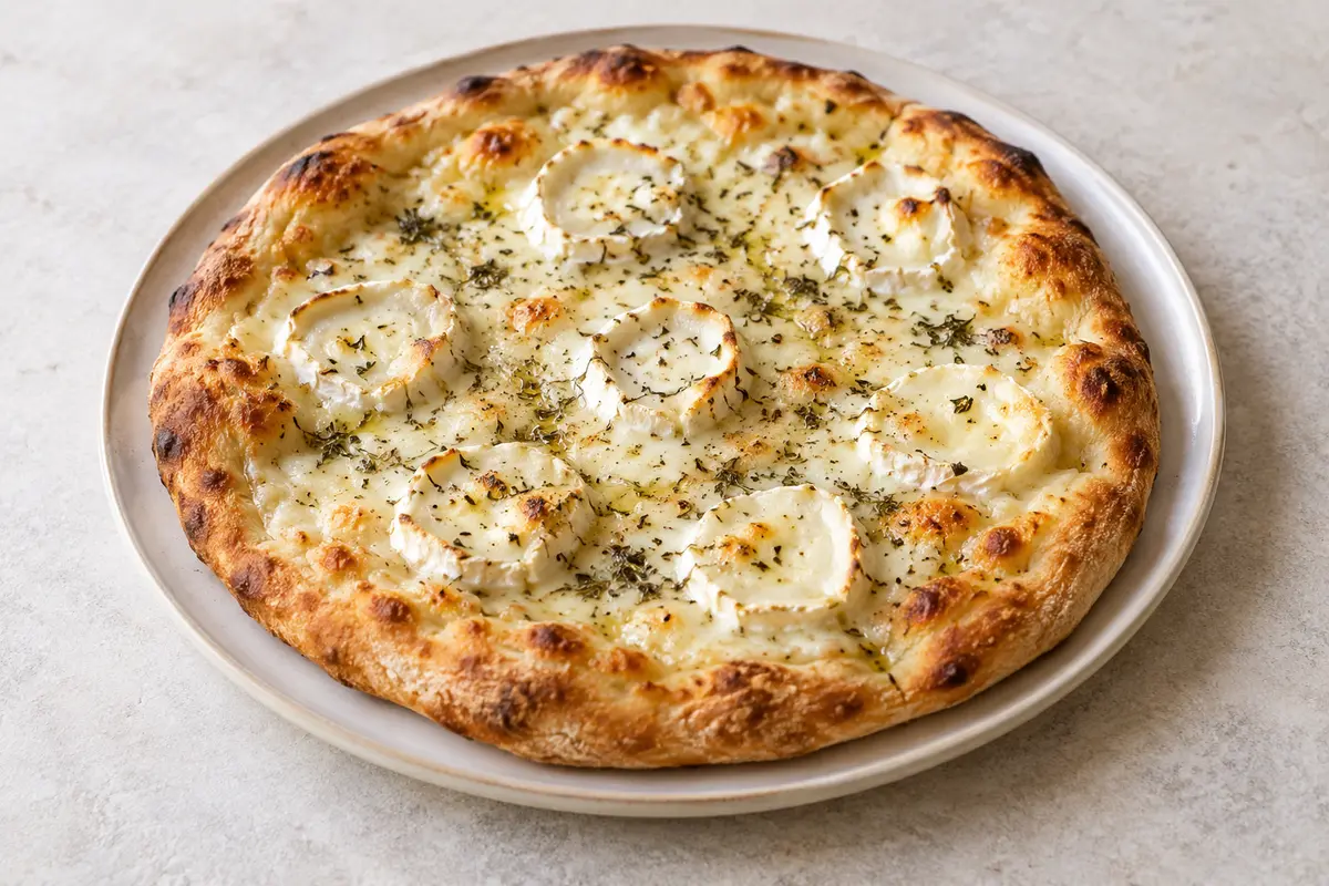 Pizza au chèvre sur un fond de lin clair.