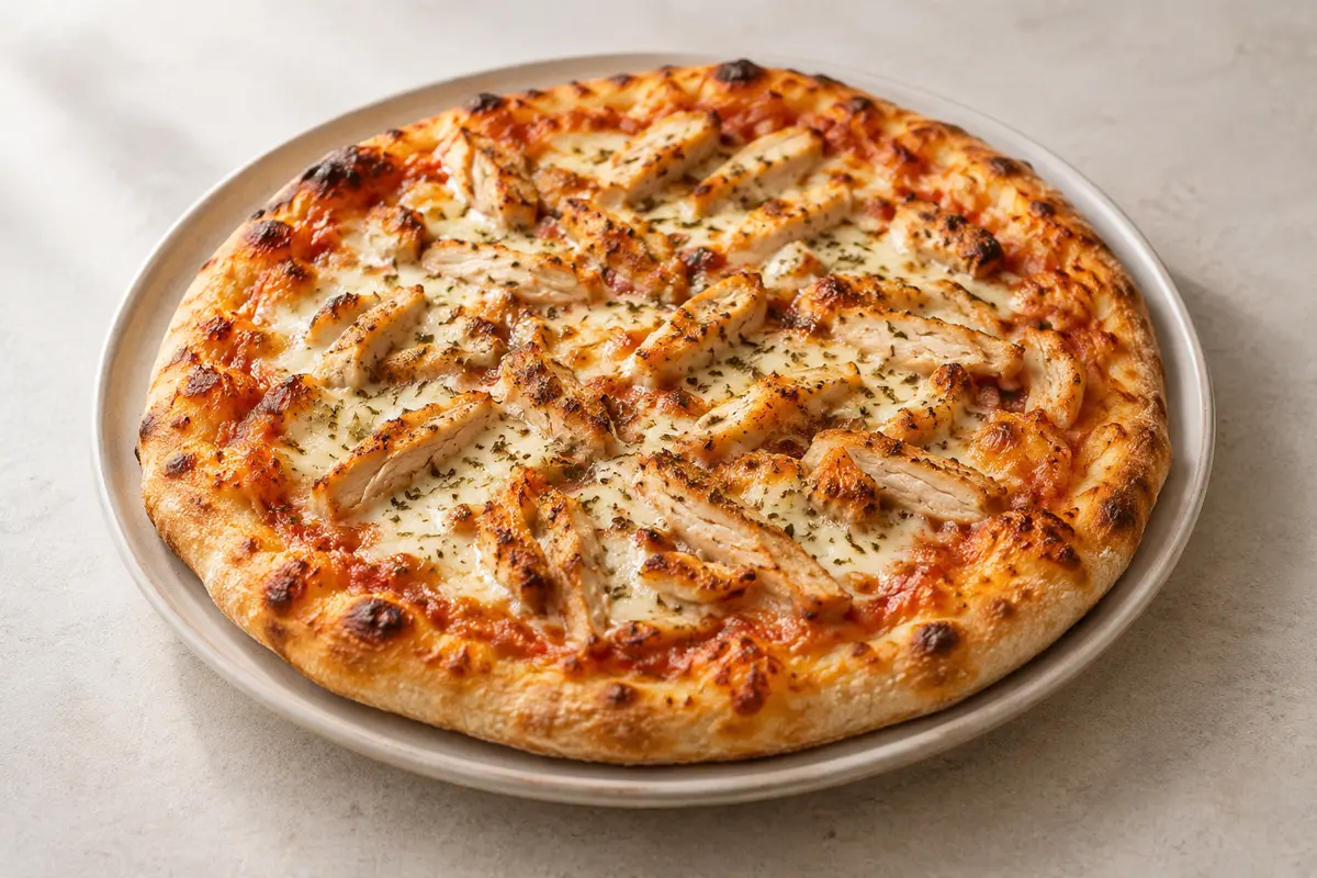 Pizza au poulet sur un fond de lin clair.