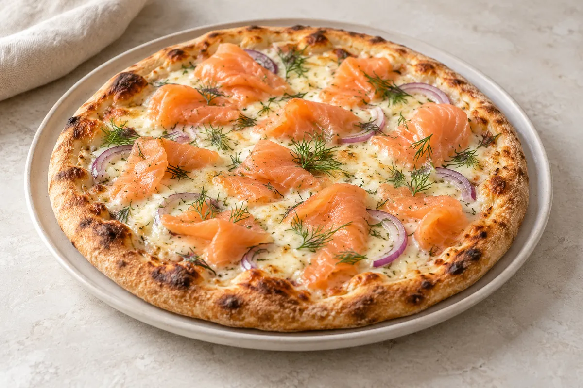 Pizza au saumon sur un fond de lin clair.