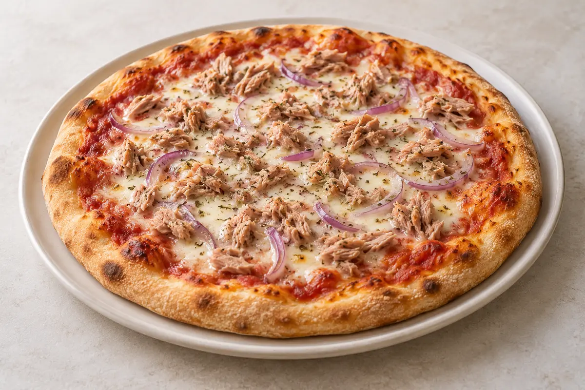 Pizza au thon sur un fond de lin clair.