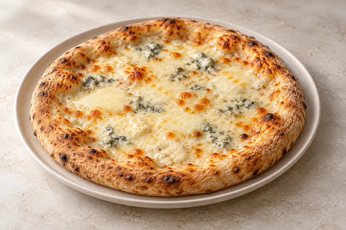 Pizza aux fromages sur un fond de lin clair.