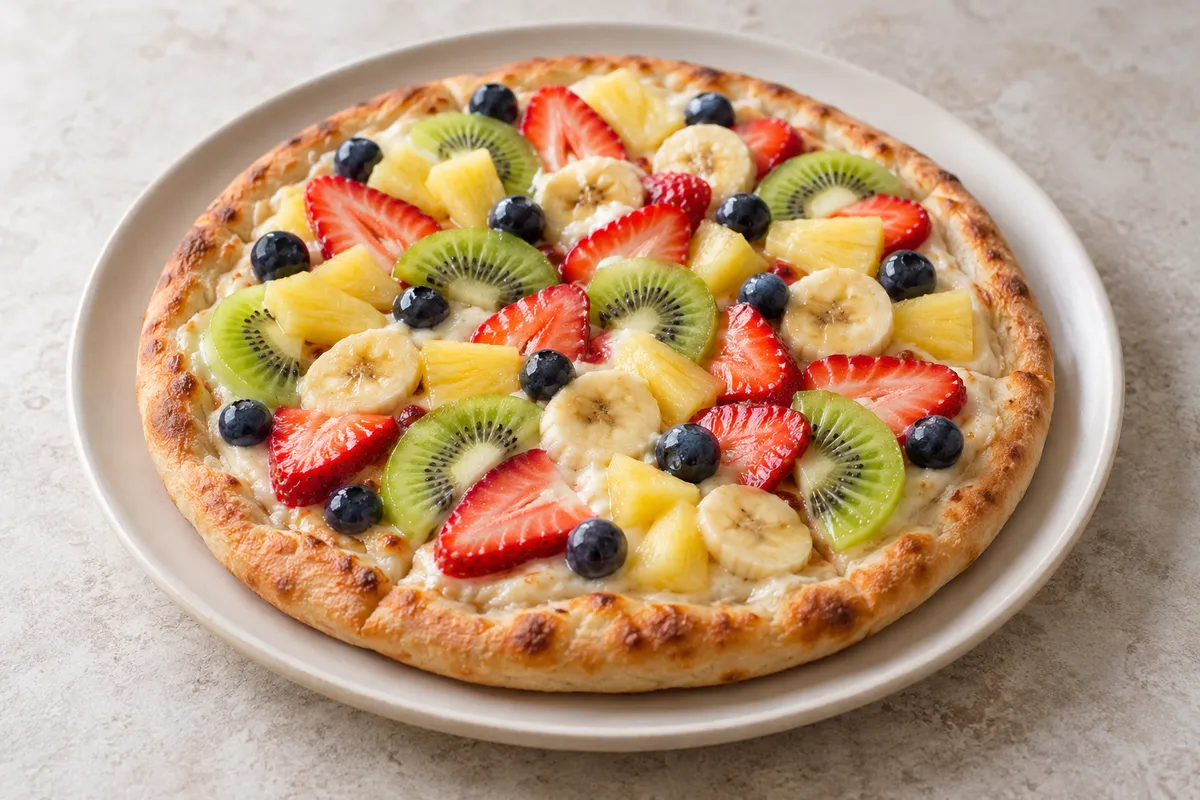 Pizza aux fruits sur un fond de lin clair.
