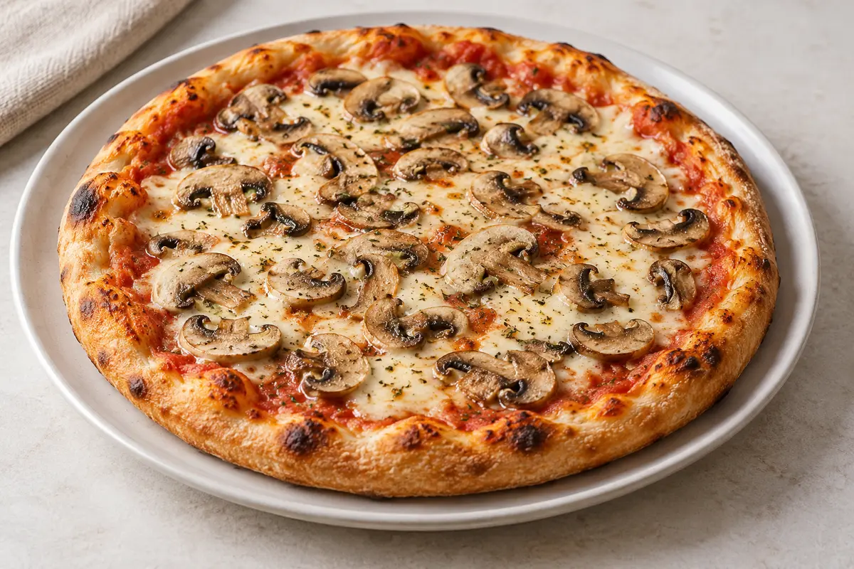 Pizza champignons sur un fond de lin clair.