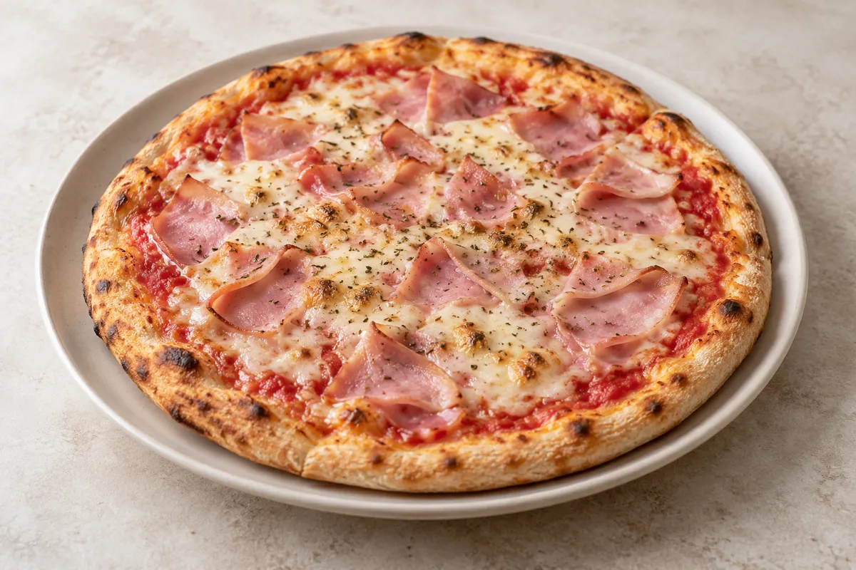 Pizza jambon sur un fond de lin clair.