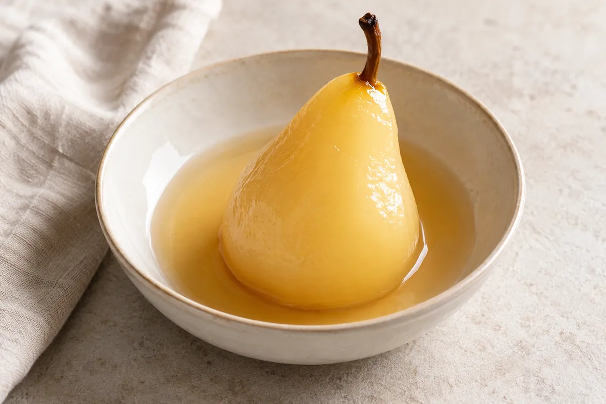 Poire au sirop sur un fond de lin clair.