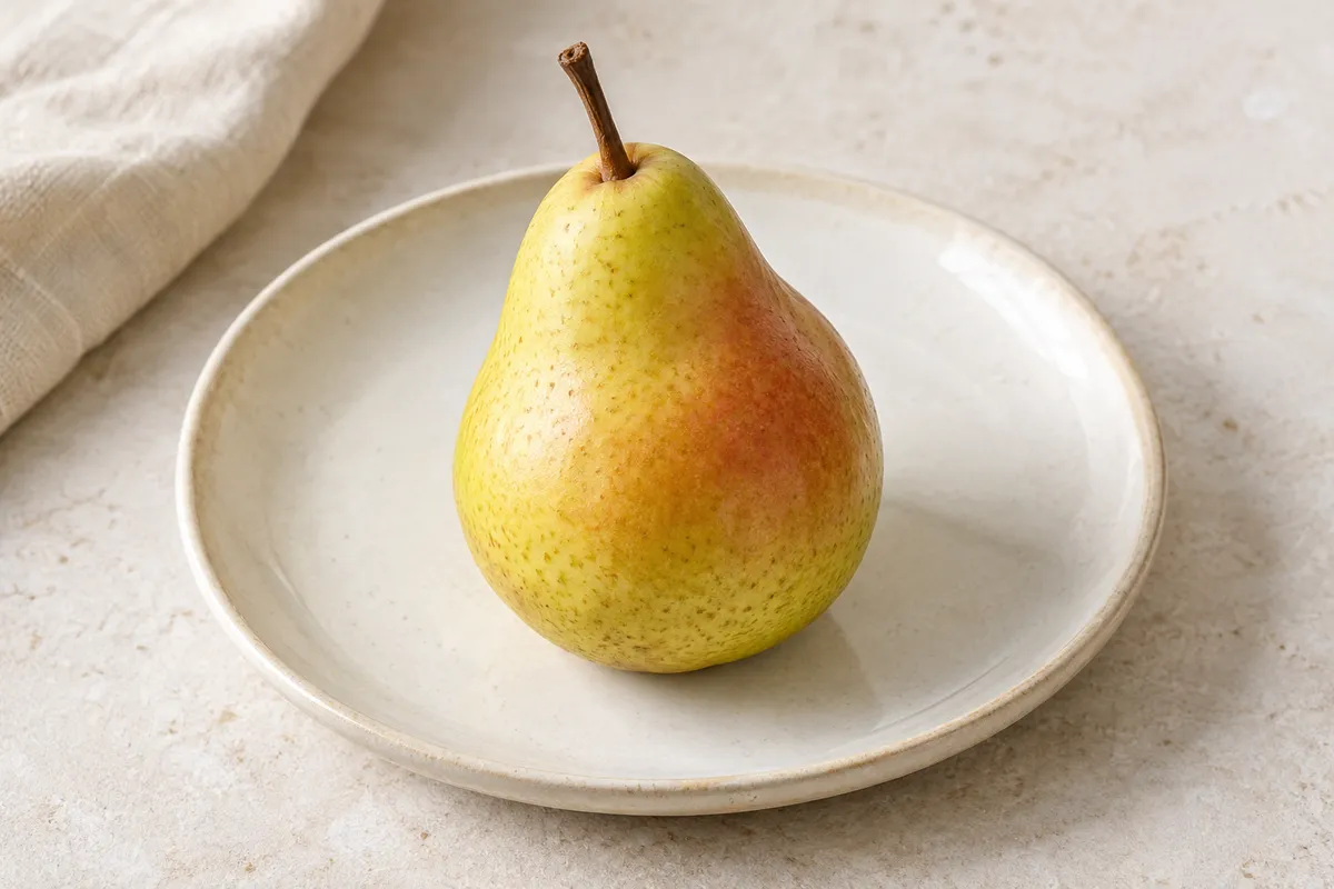 Poire sur un fond de lin clair.