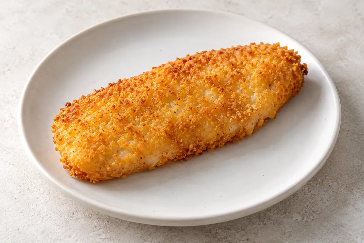 Poisson pané sur un fond de lin clair.