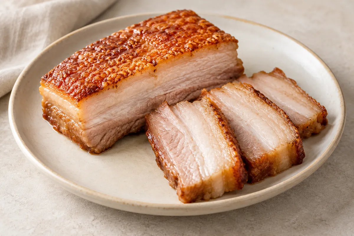 Poitrine de porc sur un fond de lin clair.