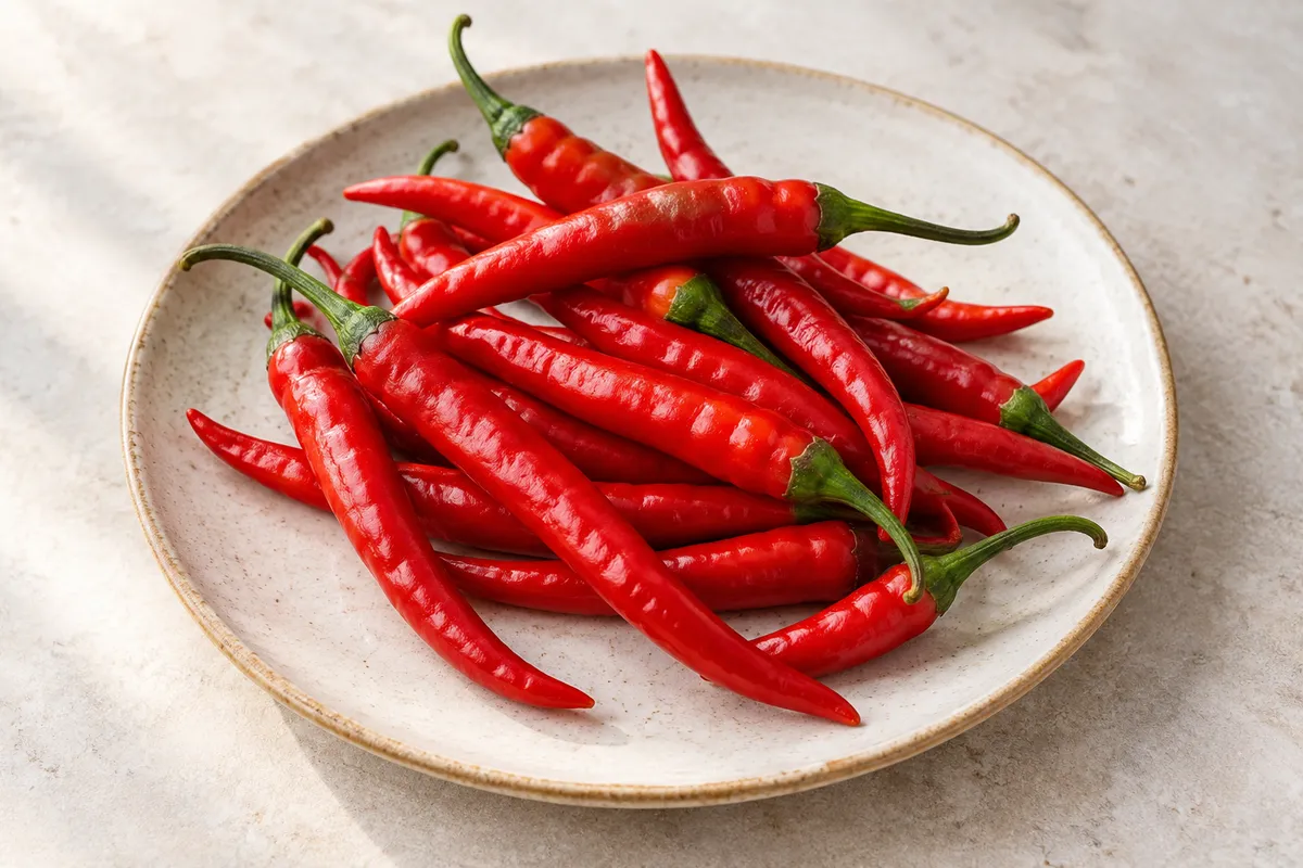 Poivre de cayenne sur un fond de lin clair.