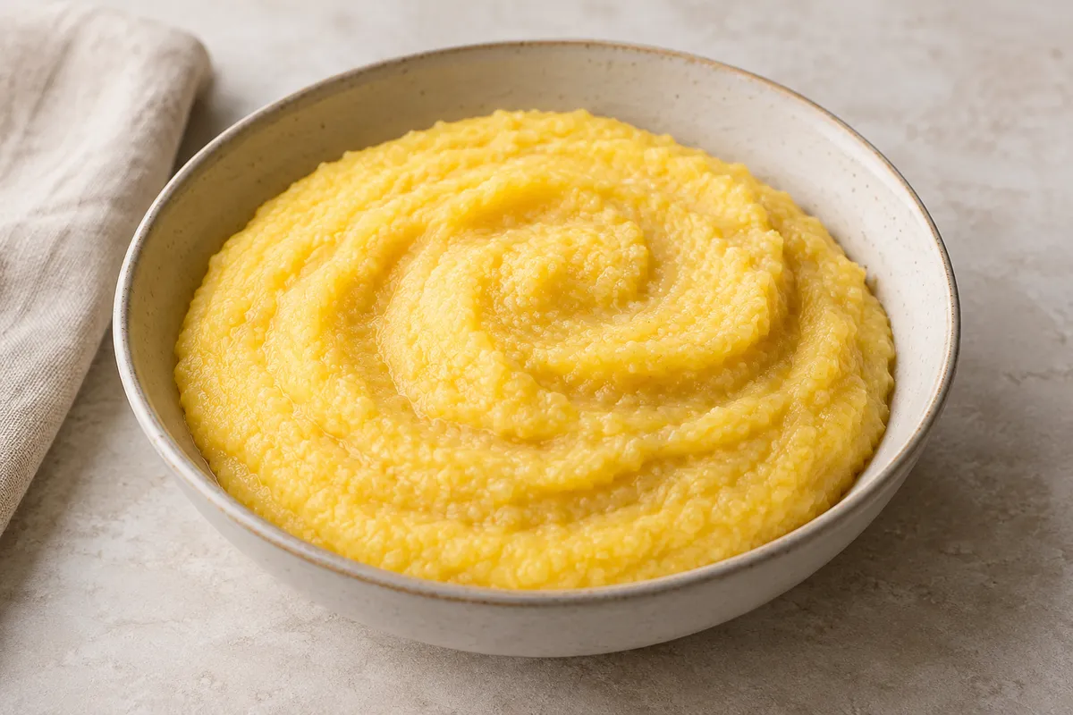 Polenta de maïs sur un fond de lin clair.