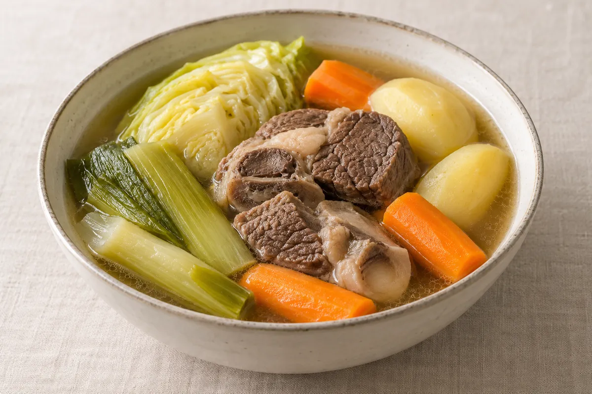 Pot-au-feu sur un fond de lin clair.