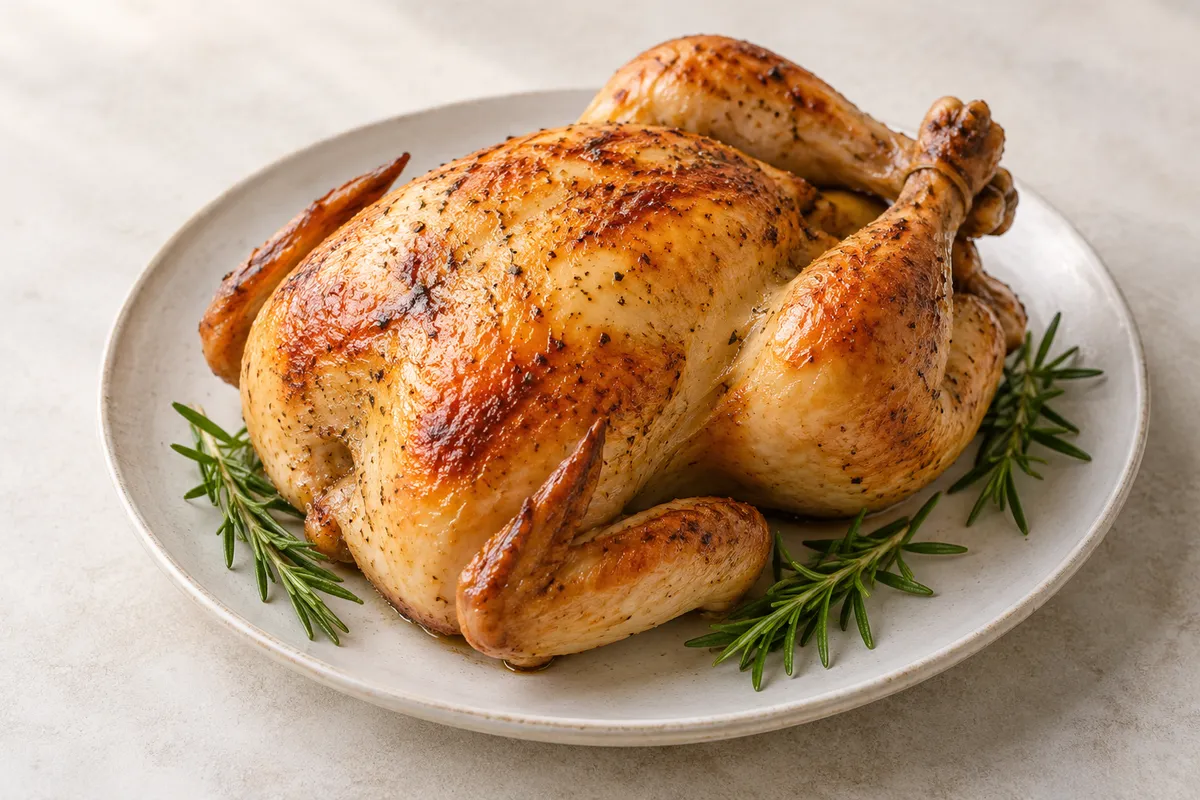 Poule sur un fond de lin clair.