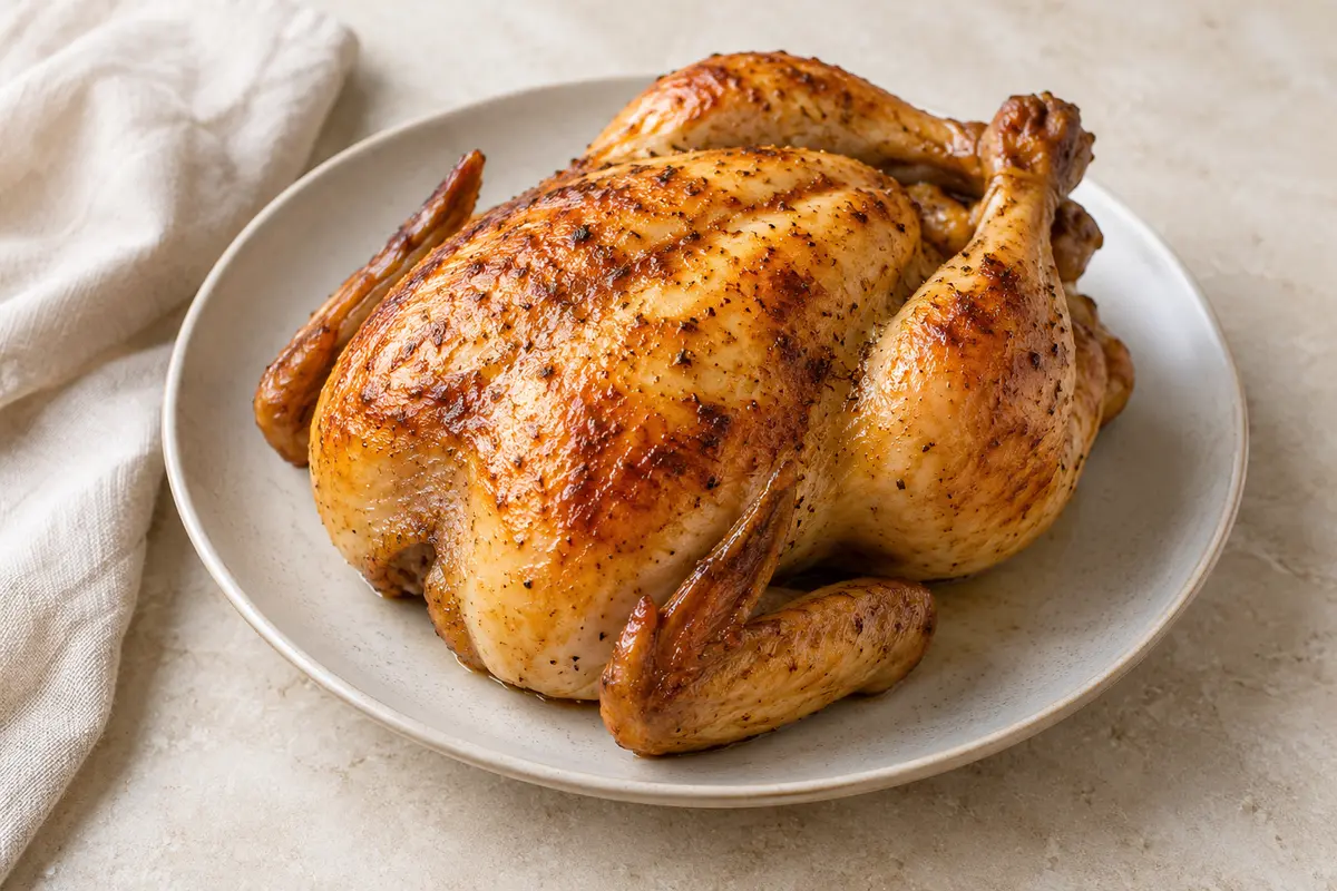 Poulet sur un fond de lin clair.