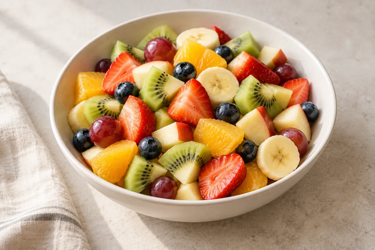 Préparation de fruits sur un fond de lin clair.
