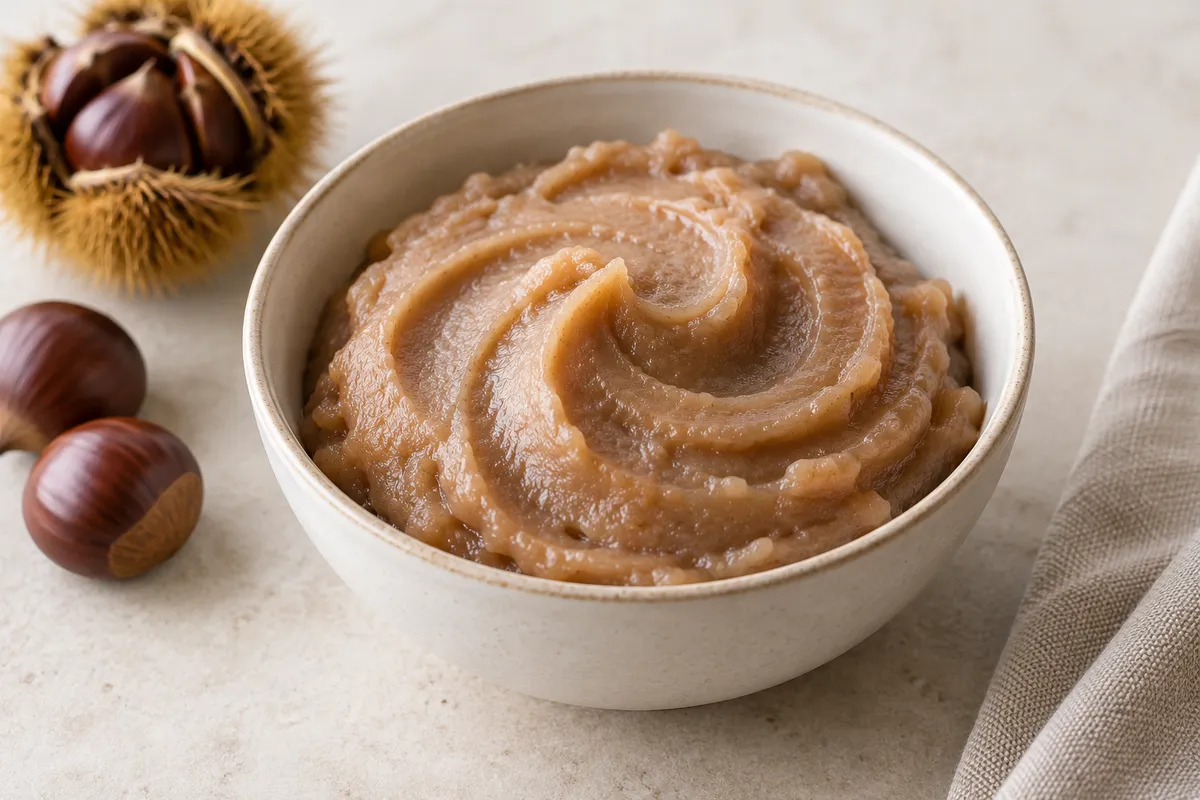Purée de marrons sur un fond de lin clair.