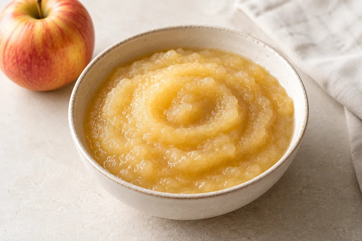 Purée de pommes sur un fond de lin clair.