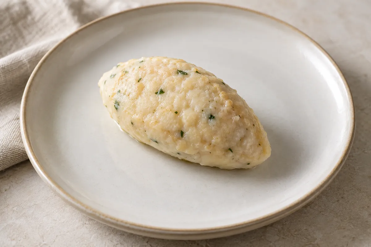 Quenelle de poisson sur un fond de lin clair.