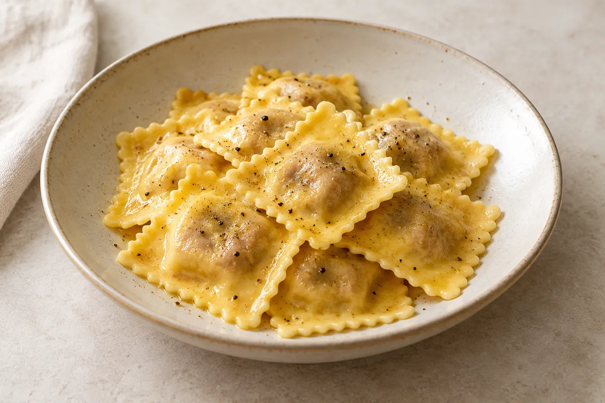 Ravioli au boeuf sur un fond de lin clair.