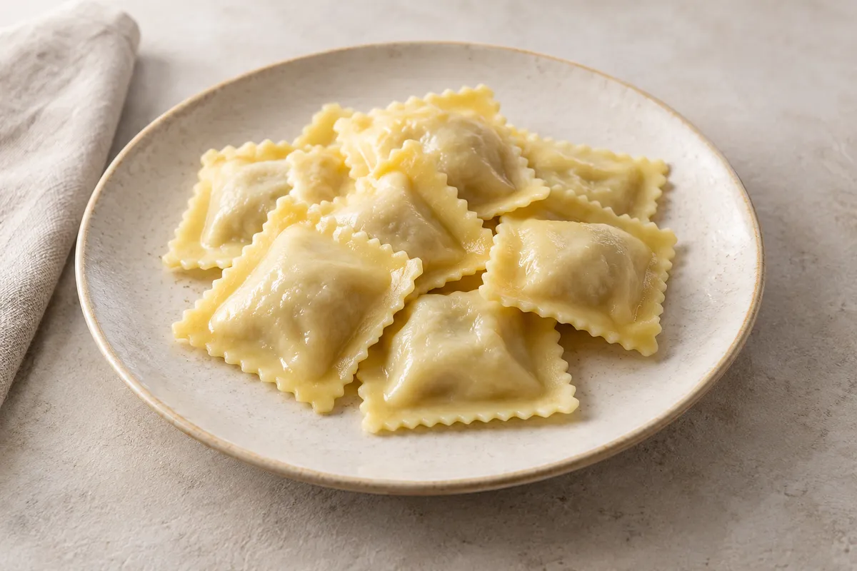 Ravioli au tofu sur un fond de lin clair.