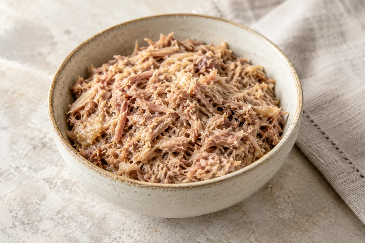Rillettes de canard sur un fond de lin clair.