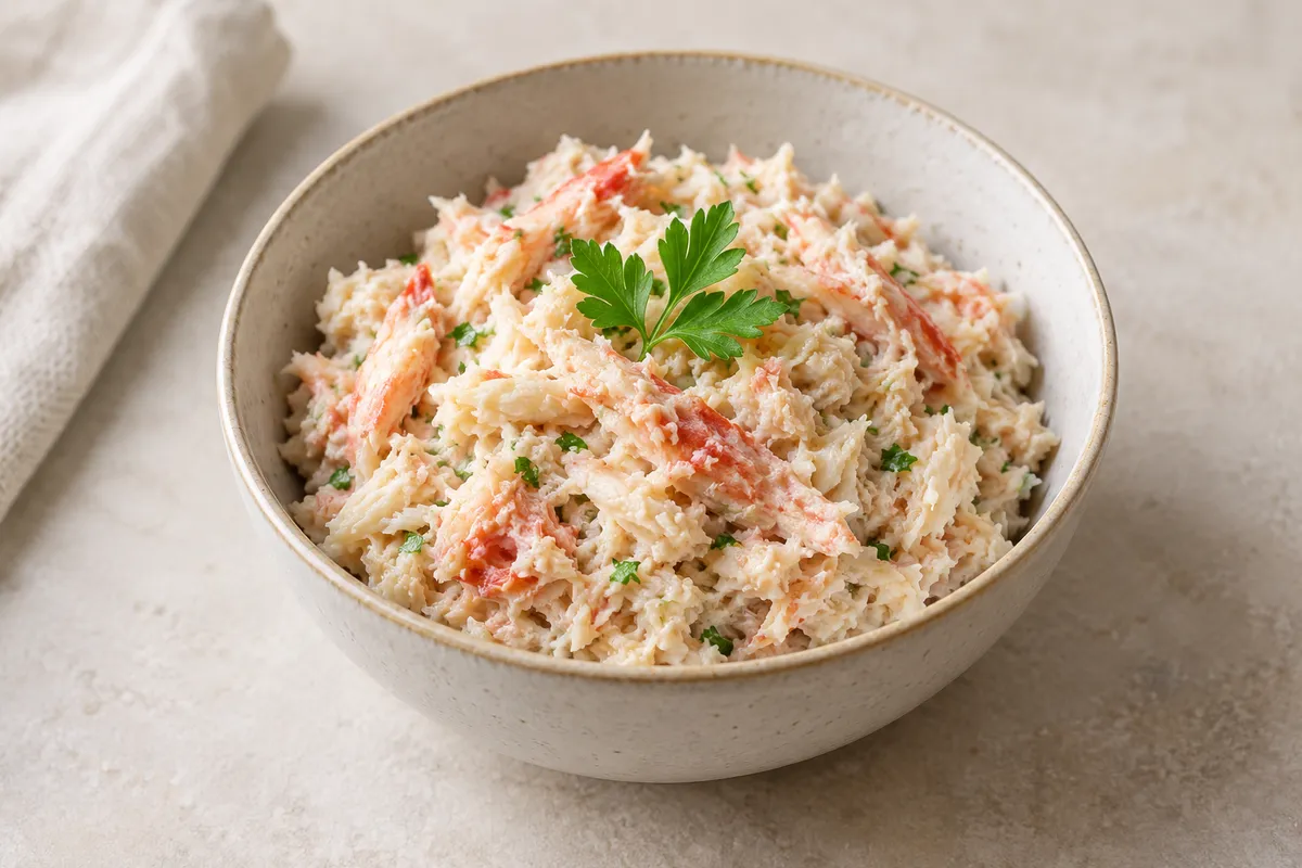 Rillettes de crabe sur un fond de lin clair.