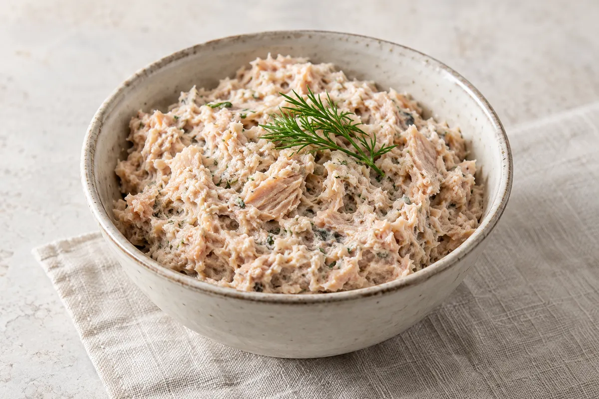 Rillettes de poisson sur un fond de lin clair.