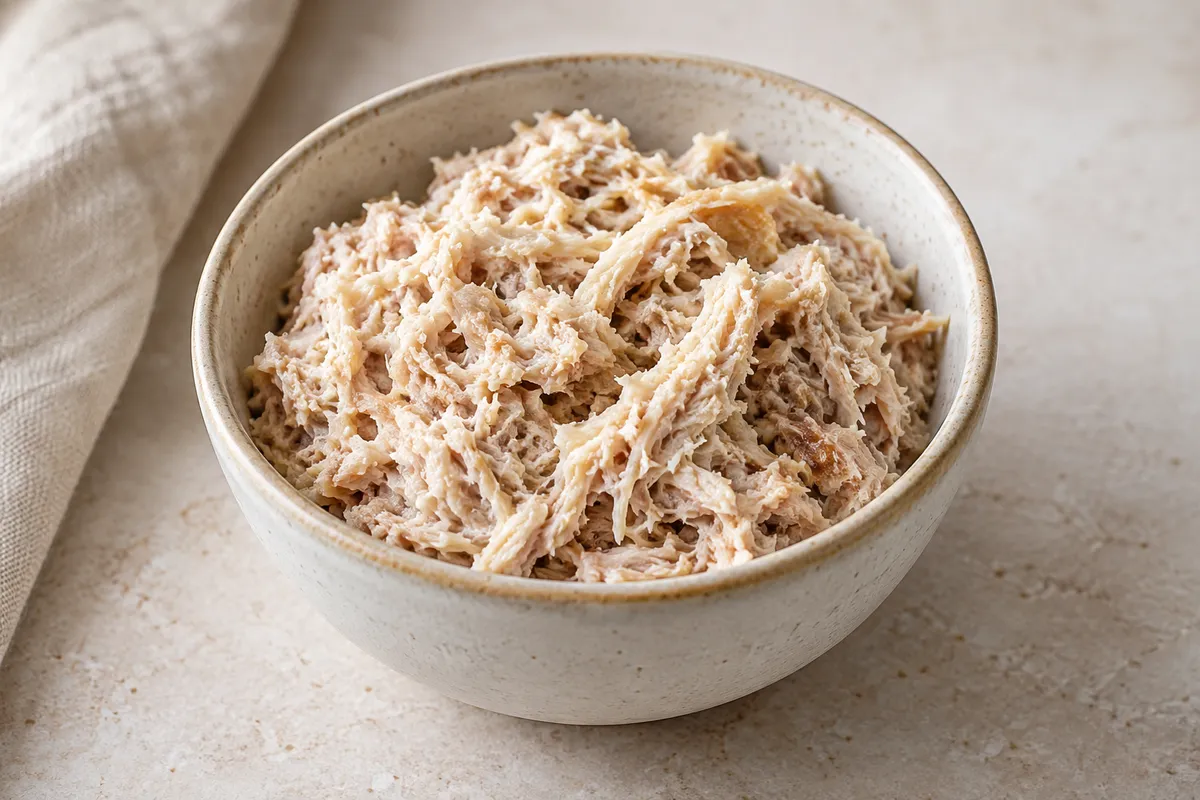Rillettes de poulet sur un fond de lin clair.