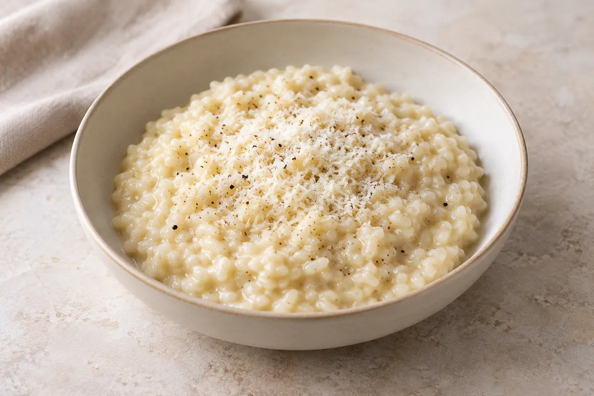 Risotto aux fromages sur un fond de lin clair.