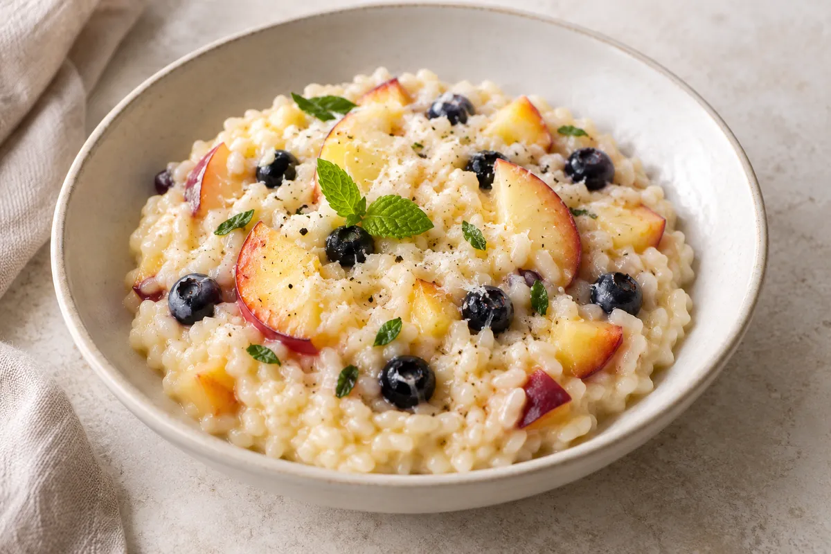 Risotto aux fruits sur un fond de lin clair.