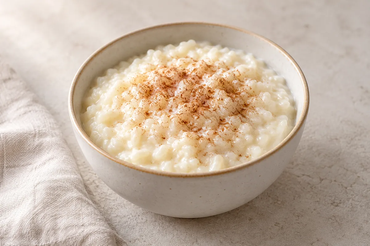 Riz au lait sur un fond de lin clair.