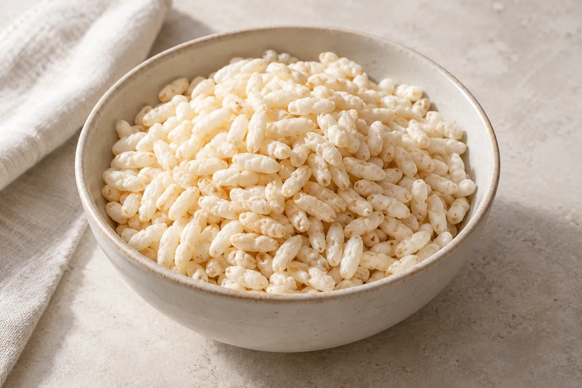 Riz soufflé sur un fond de lin clair.