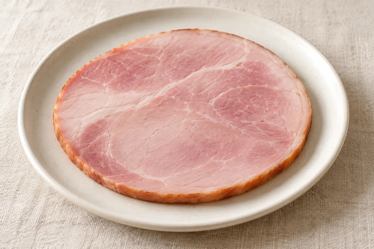 Rond de jambon sur un fond de lin clair.