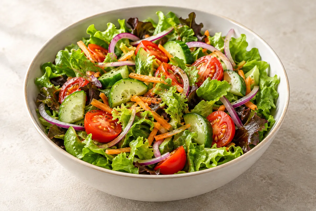 Salade composée sur un fond de lin clair.