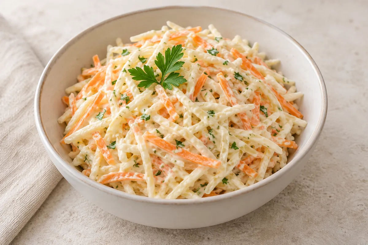 Salade de céleri sur un fond de lin clair.