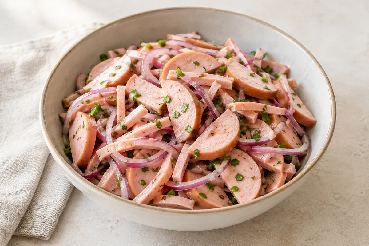Salade de cervelas sur un fond de lin clair.