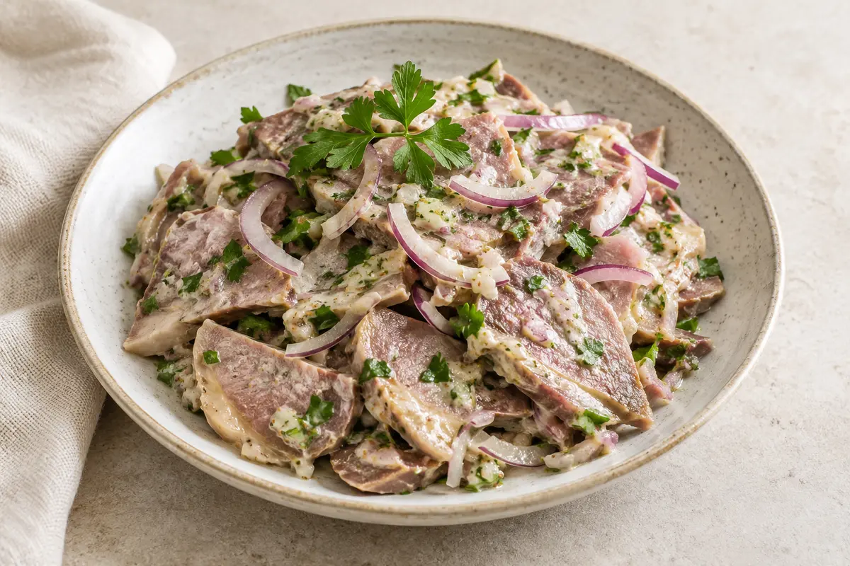 Salade de museau sur un fond de lin clair.