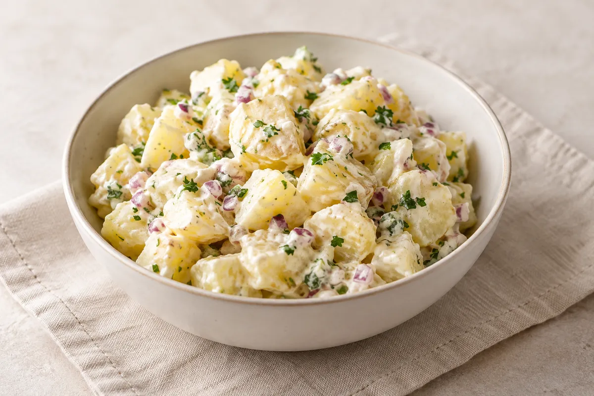Salade de pomme sur un fond de lin clair.