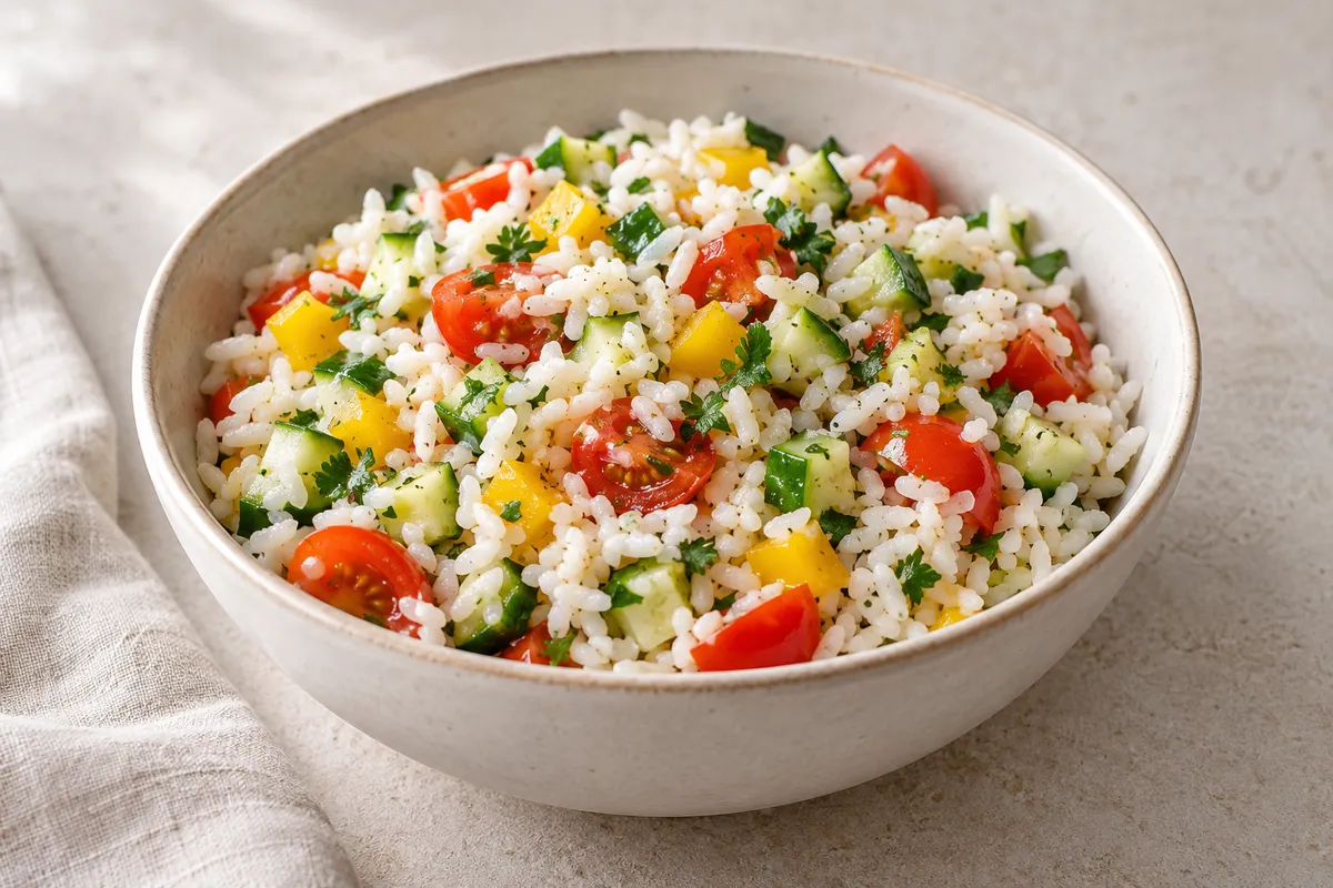 Salade de riz sur un fond de lin clair.