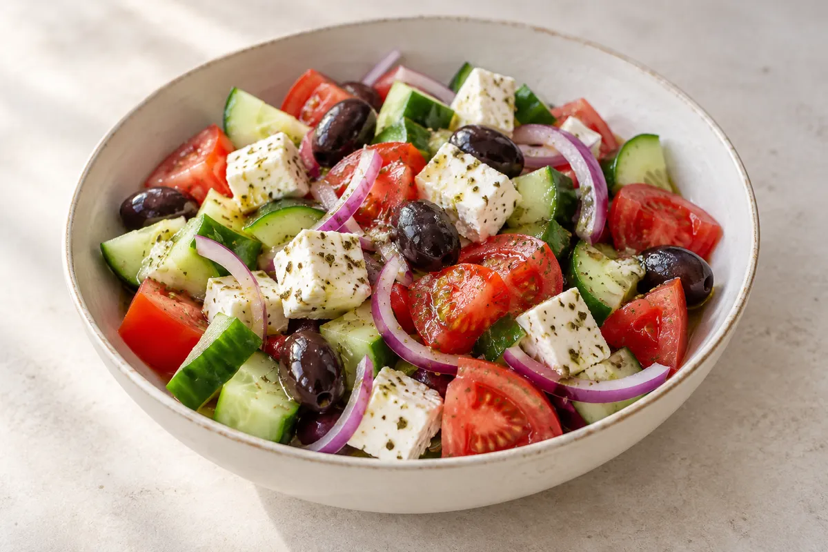 Salade grecque sur un fond de lin clair.