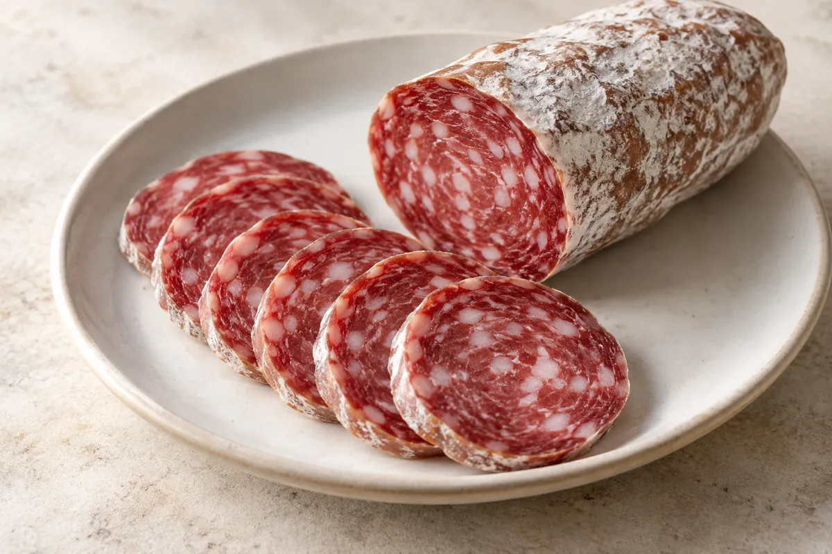 Salami sur un fond de lin clair.