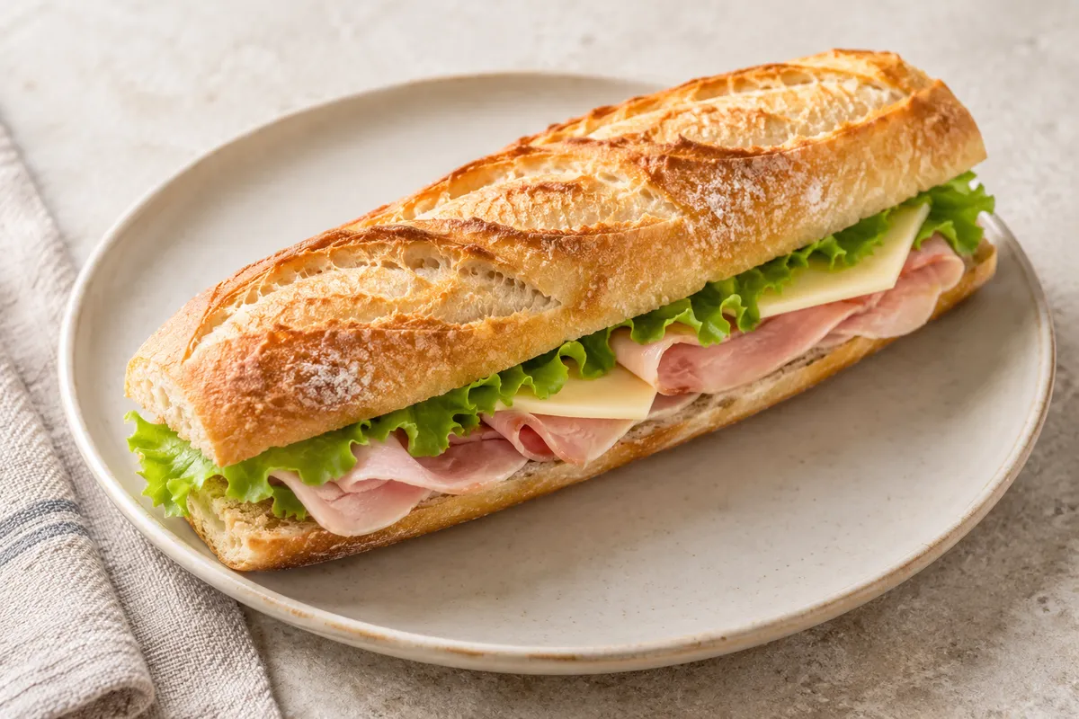 Sandwich baguette sur un fond de lin clair.